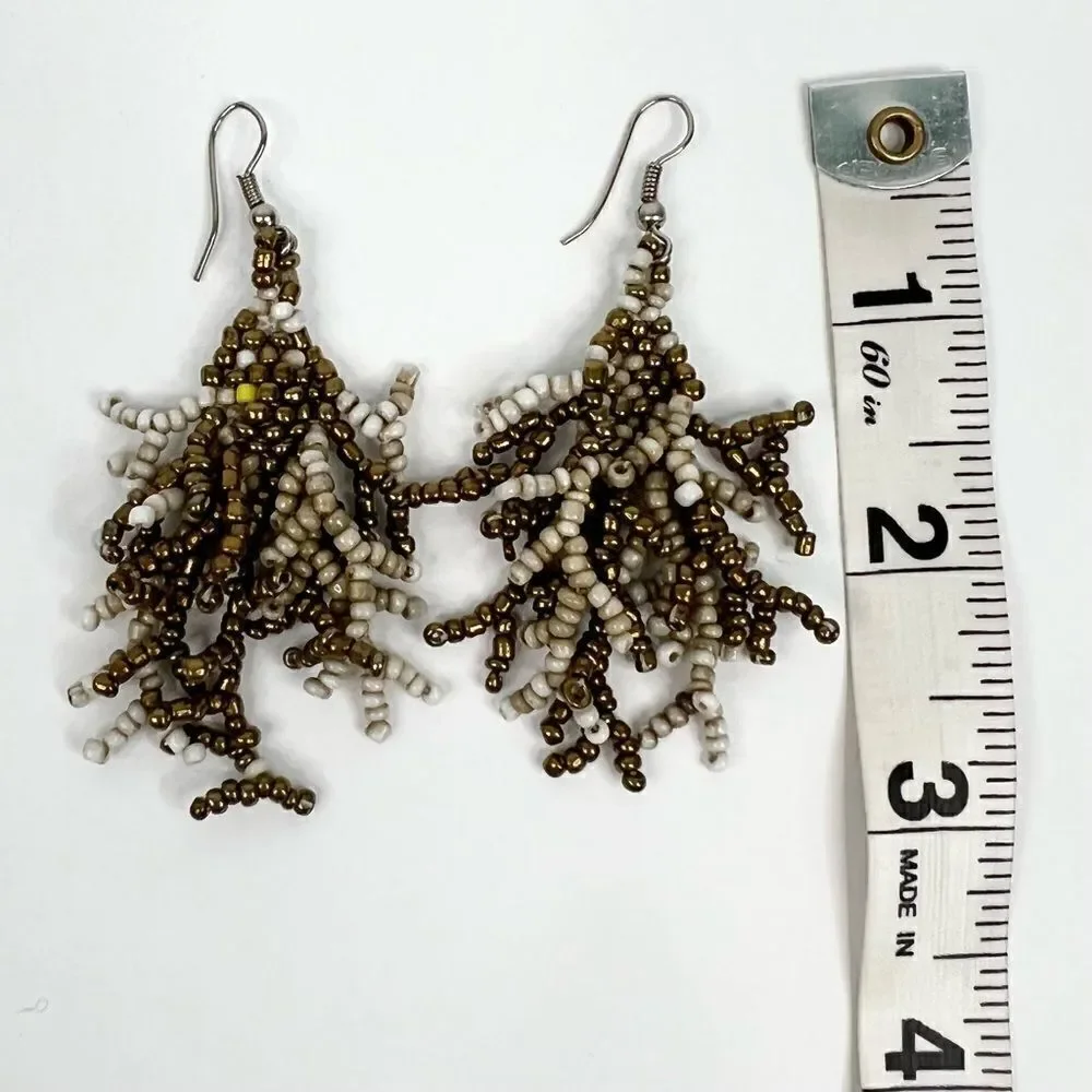 𝅺bronze and Brown Beaded Long Fringe Dangle Earrings
